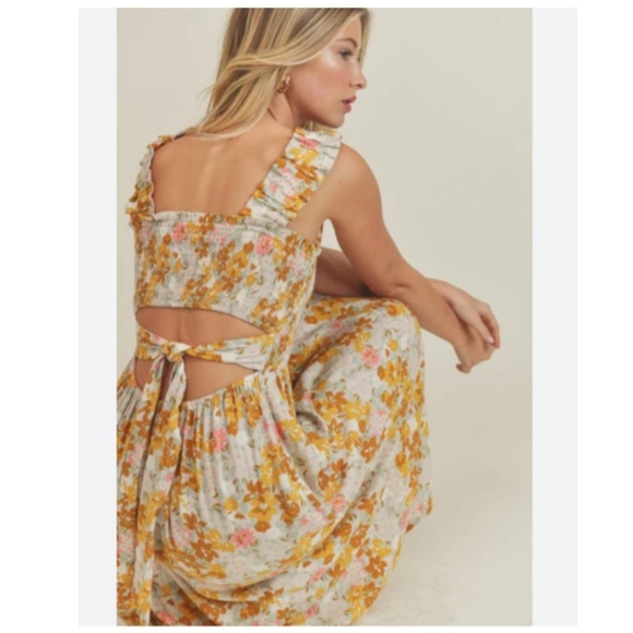 Lush Dresses & Skirts - lush • boho smocked high tide floral ruffled cutout tie back midi maxi dress S